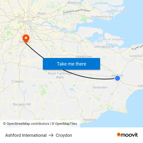 Ashford International to Croydon map