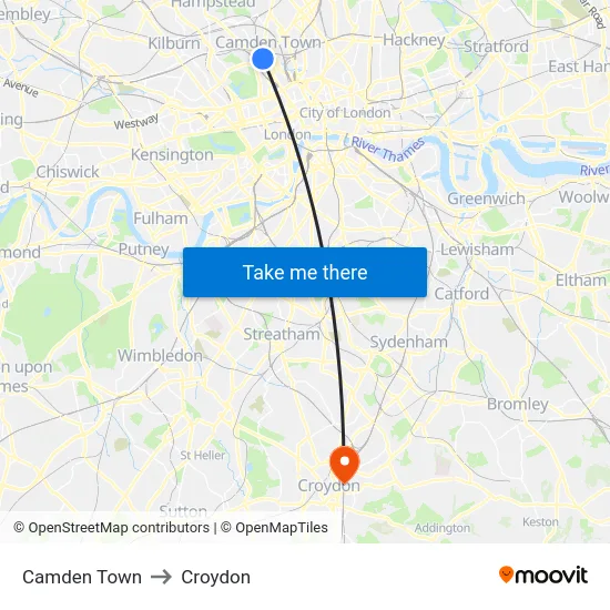Camden Town to Croydon map