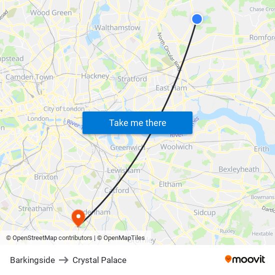 Barkingside to Crystal Palace map