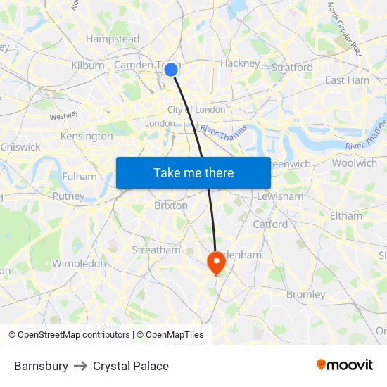Barnsbury to Crystal Palace map