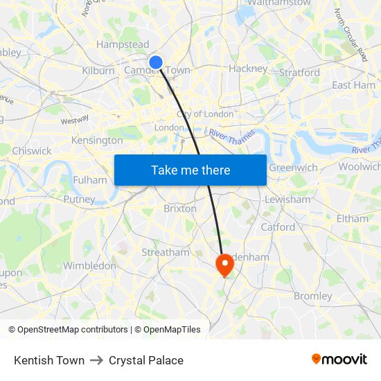 Kentish Town to Crystal Palace map