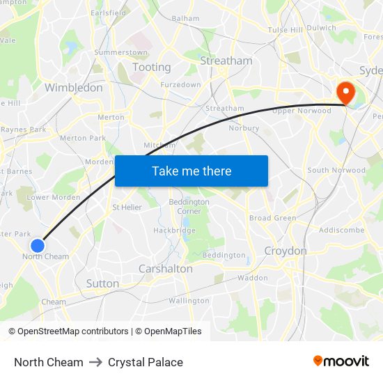 North Cheam to Crystal Palace map