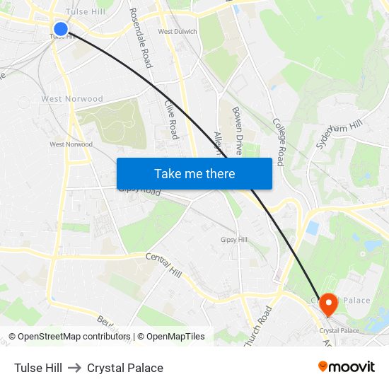 Tulse Hill to Crystal Palace map