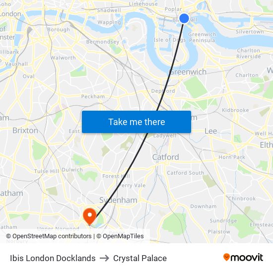 Ibis London Docklands to Crystal Palace map
