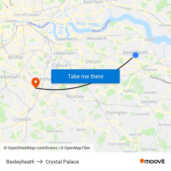Bexleyheath to Crystal Palace map