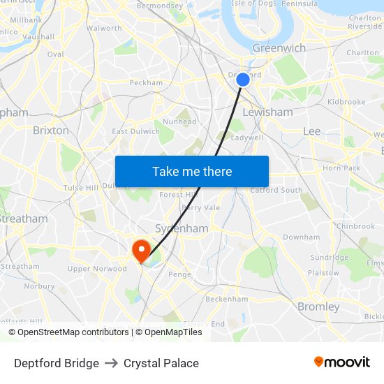 Deptford Bridge to Crystal Palace map