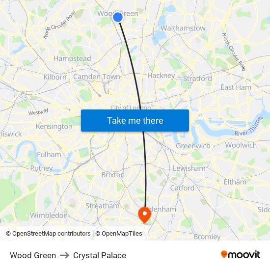 Wood Green to Crystal Palace map