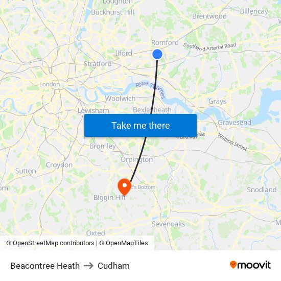 Beacontree Heath to Cudham map