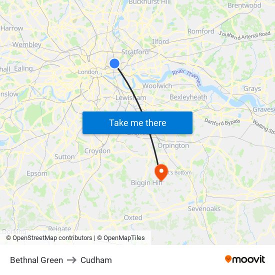 Bethnal Green to Cudham map