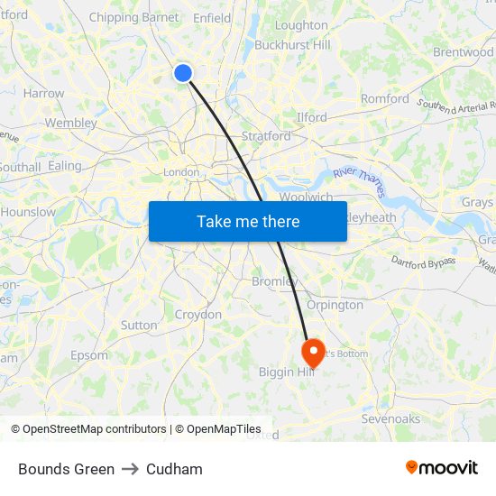 Bounds Green to Cudham map