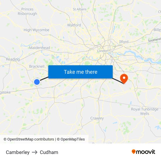 Camberley to Cudham map