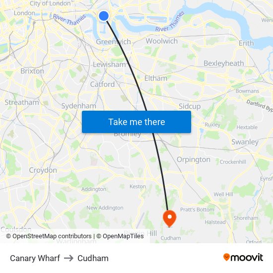 Canary Wharf to Cudham map