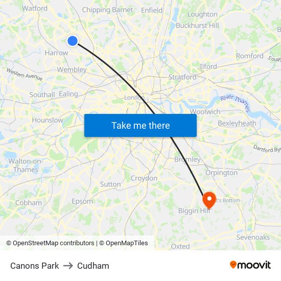 Canons Park to Cudham map