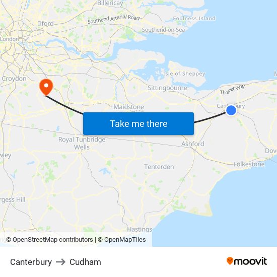 Canterbury to Cudham map