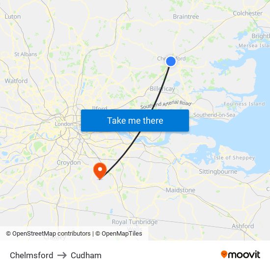 Chelmsford to Cudham map