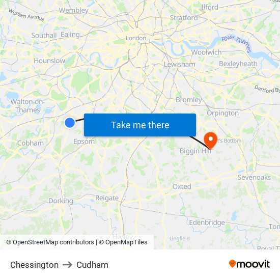 Chessington to Cudham map