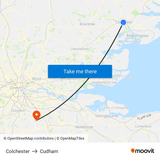 Colchester to Cudham map