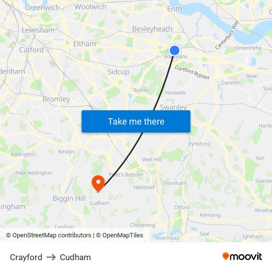 Crayford to Cudham map