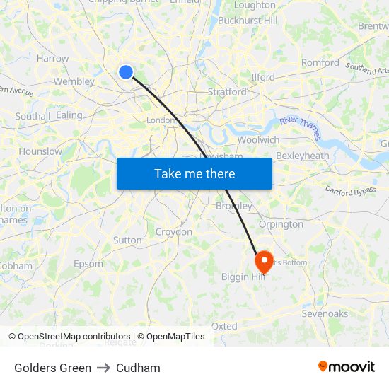 Golders Green to Cudham map