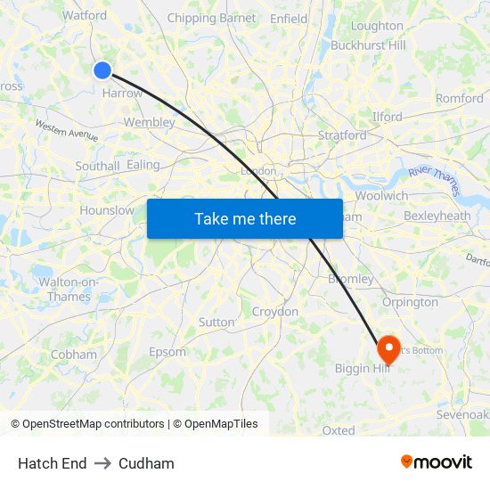 Hatch End to Cudham map
