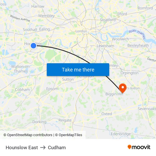 Hounslow East to Cudham map