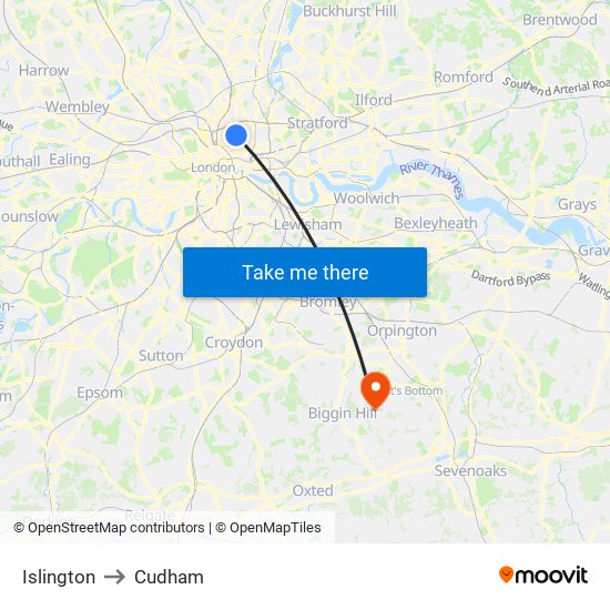 Islington to Cudham map