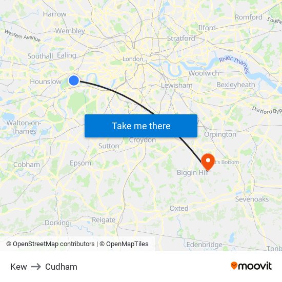 Kew to Cudham map