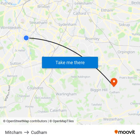 Mitcham to Cudham map