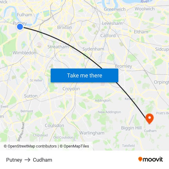 Putney to Cudham map