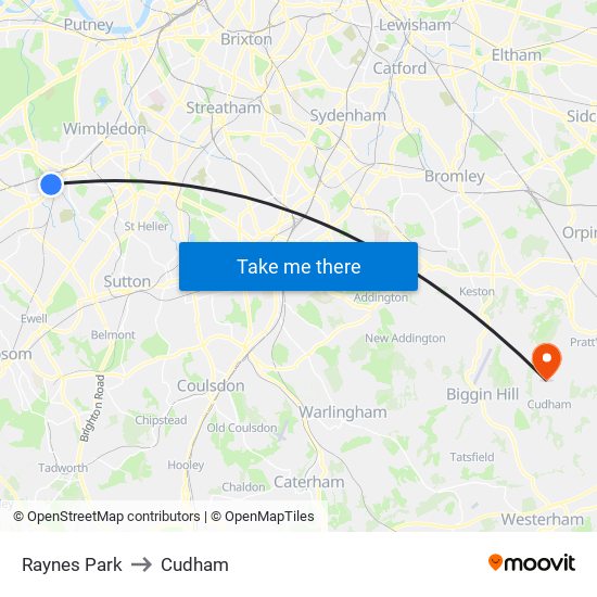 Raynes Park to Cudham map