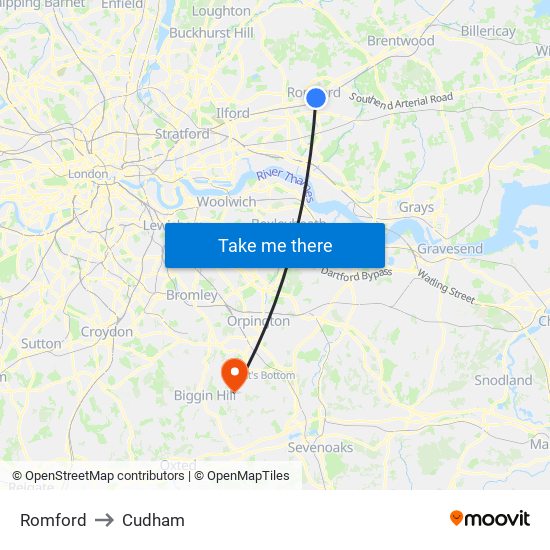 Romford to Cudham map