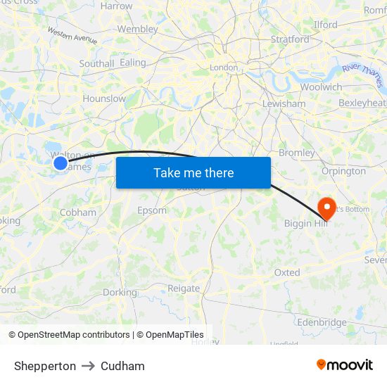 Shepperton to Cudham map