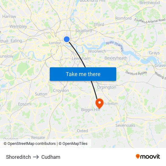 Shoreditch to Cudham map