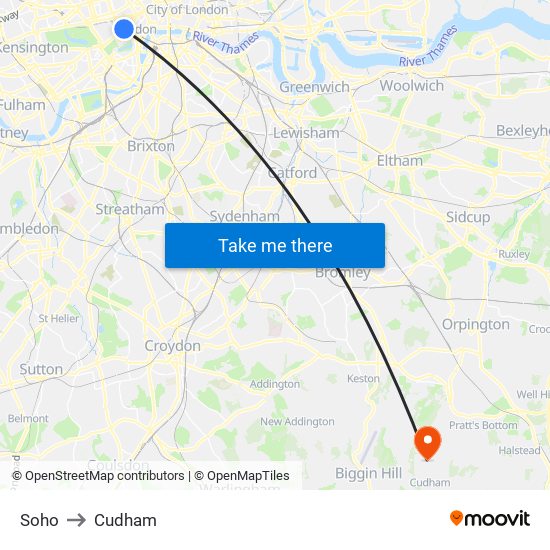 Soho to Cudham map