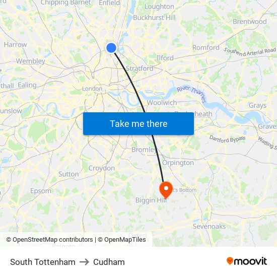 South Tottenham to Cudham map