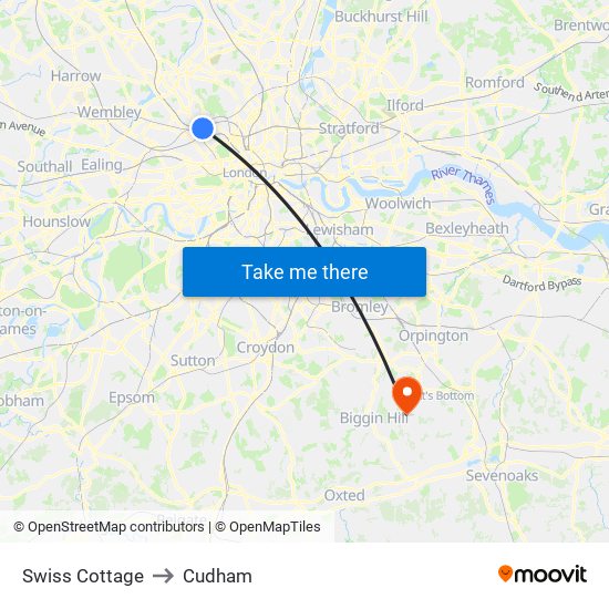 Swiss Cottage to Cudham map