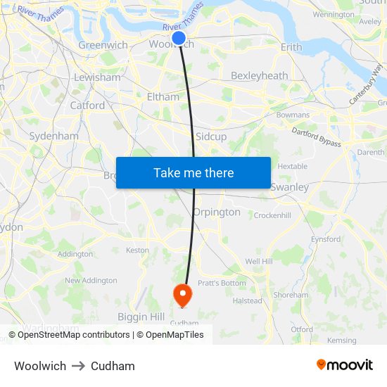 Woolwich to Cudham map