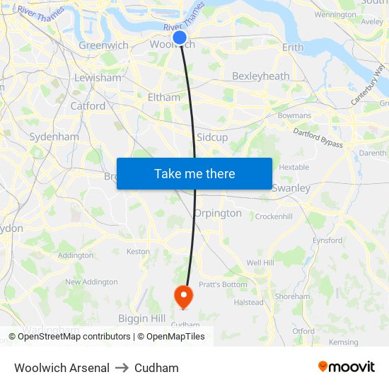 Woolwich Arsenal to Cudham map