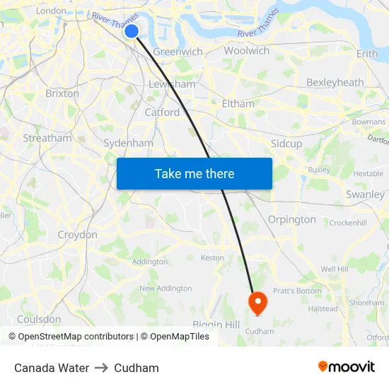 Canada Water to Cudham map