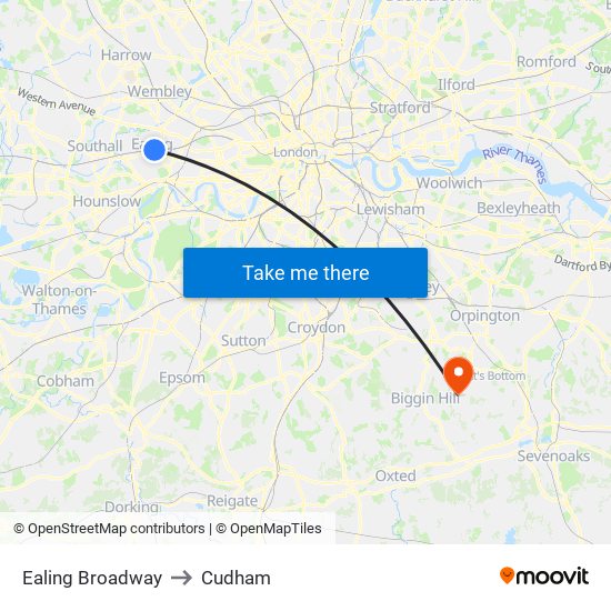 Ealing Broadway to Cudham map