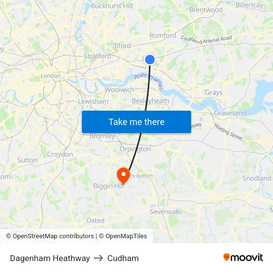 Dagenham Heathway to Cudham map