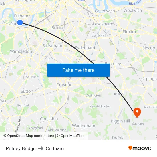 Putney Bridge to Cudham map