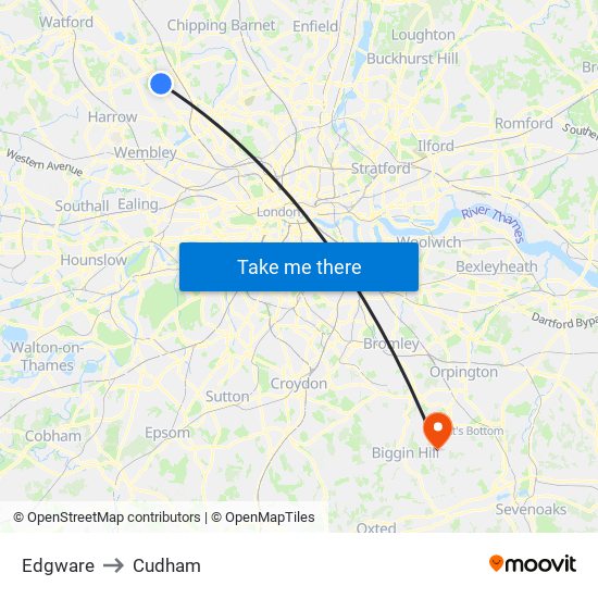 Edgware to Cudham map