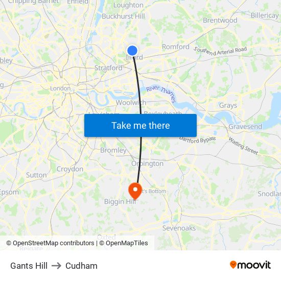 Gants Hill to Cudham map