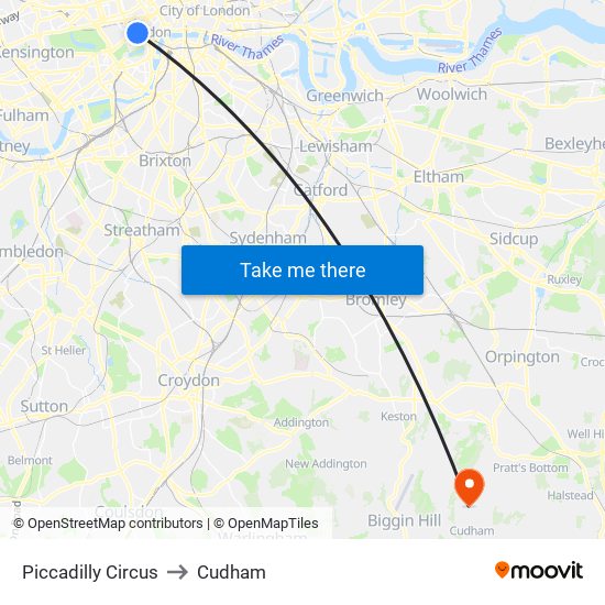 Piccadilly Circus to Cudham map