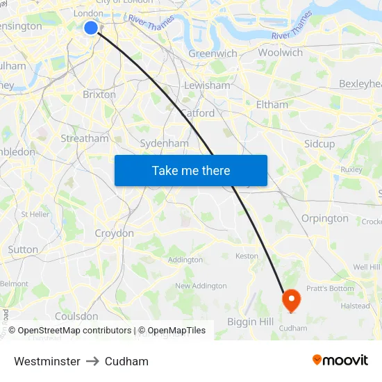Westminster to Cudham map