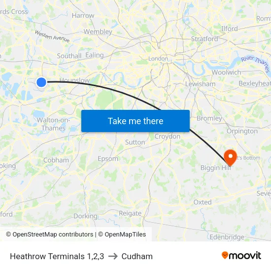 Heathrow Terminals 1,2,3 to Cudham map
