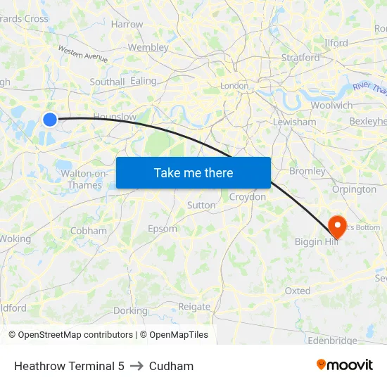 Heathrow Terminal 5 to Cudham map