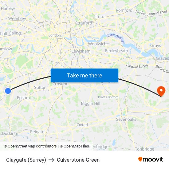 Claygate (Surrey) to Culverstone Green map