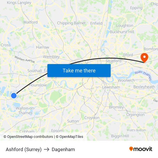 Ashford (Surrey) to Dagenham map